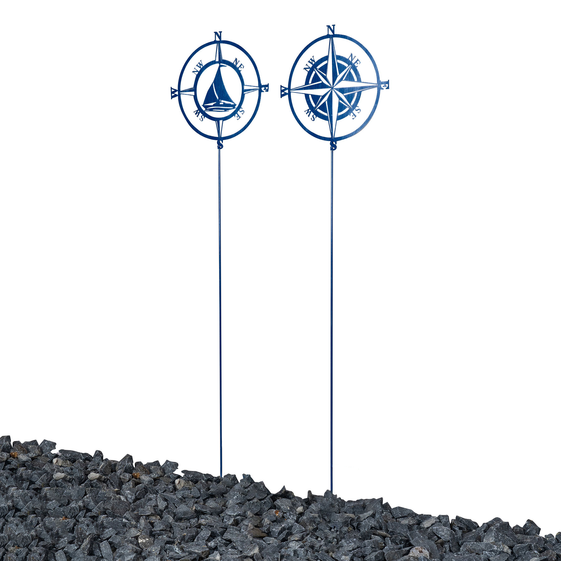 2er Set Gartenstecker H118cm Kompassrose Blau Metall Garten-Deko Windrose Stele