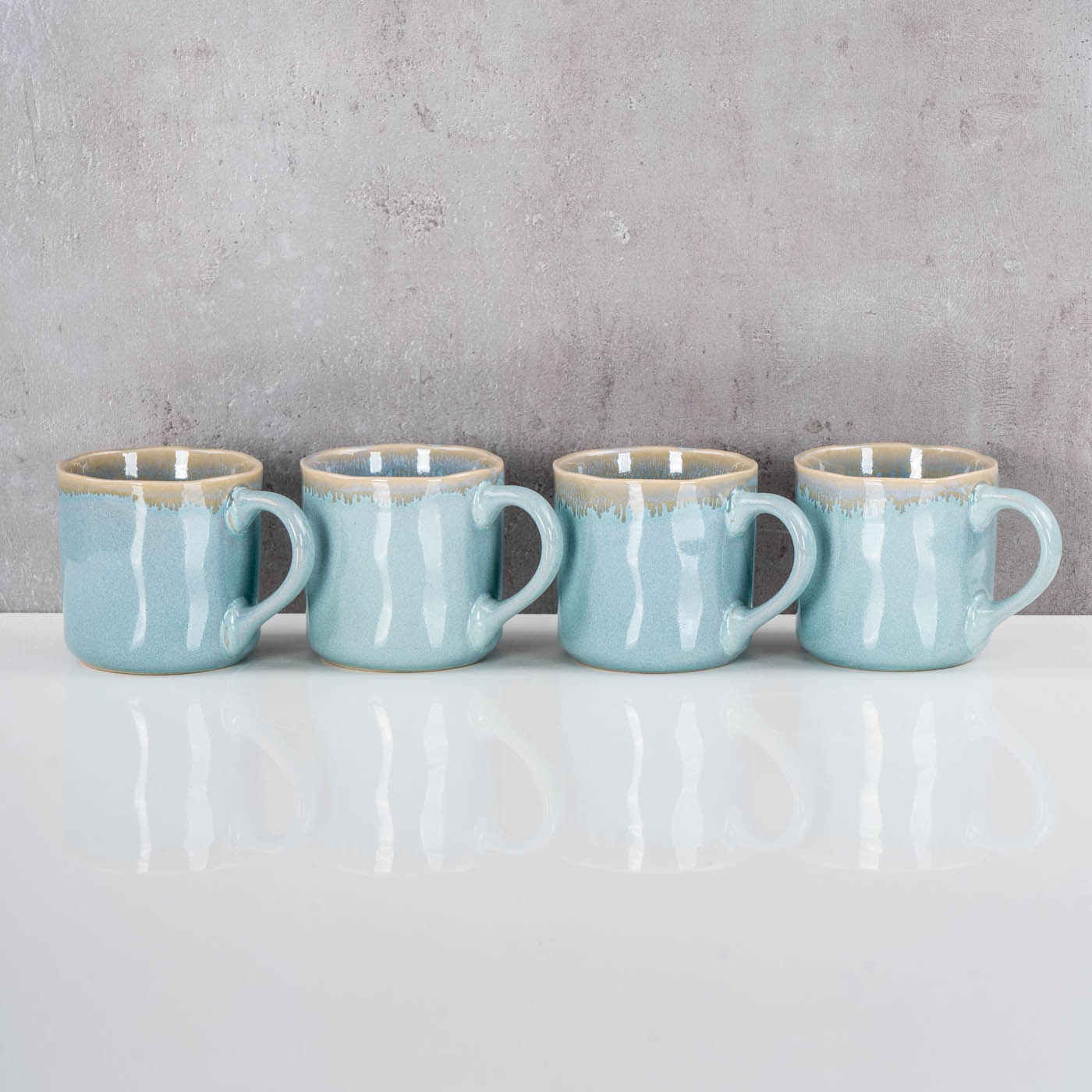 4er Set Steingut Becher 350ml Tasse Grün Kaffeepott Tasse Modern Design Küche