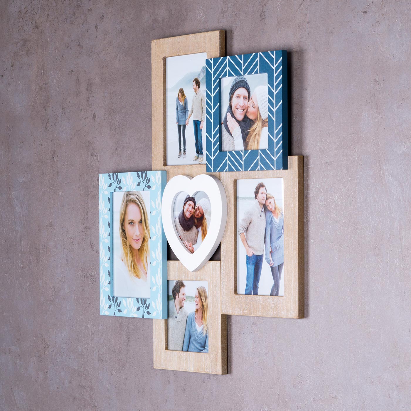 Fotocollage 6 Fotos Bilderrahmen MDF Holz Blau Weiß Bildergalerie Wanddeko Herz
