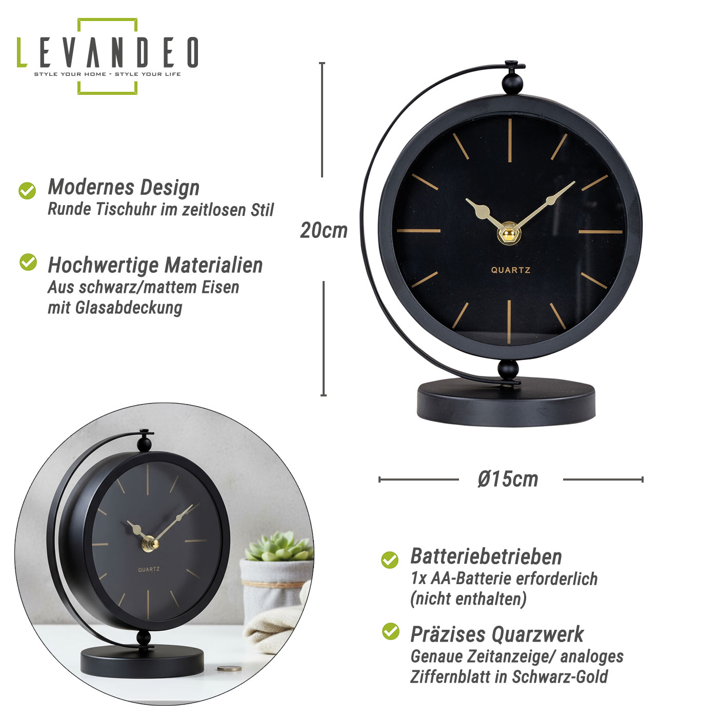 Tischuhr H20cm Schwarz Gold Metall Vintage Retro Metalluhr Analog Standuhr Deko