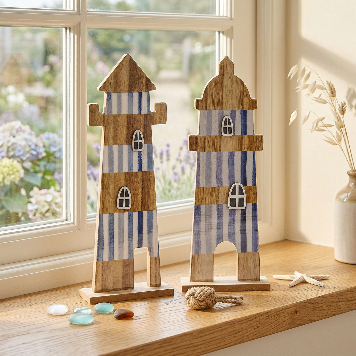 2er Set Deko Aufsteller Leuchtturm H31cm Blau Weiß Natur Maritime Deko Tischdeko