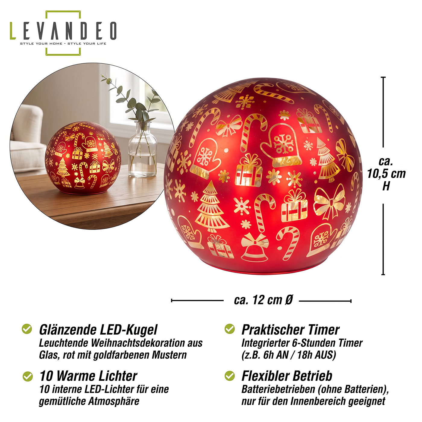 LED Tischleuchte Deko Kugel 12cm Rot Gold Weihnachten Weihnachtskugel Timer