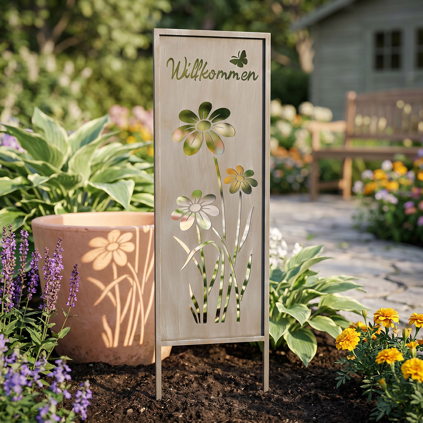 Gartenstecker Willkommen H83cm Stele Grau Betonoptik Garten-Deko Gartenschild
