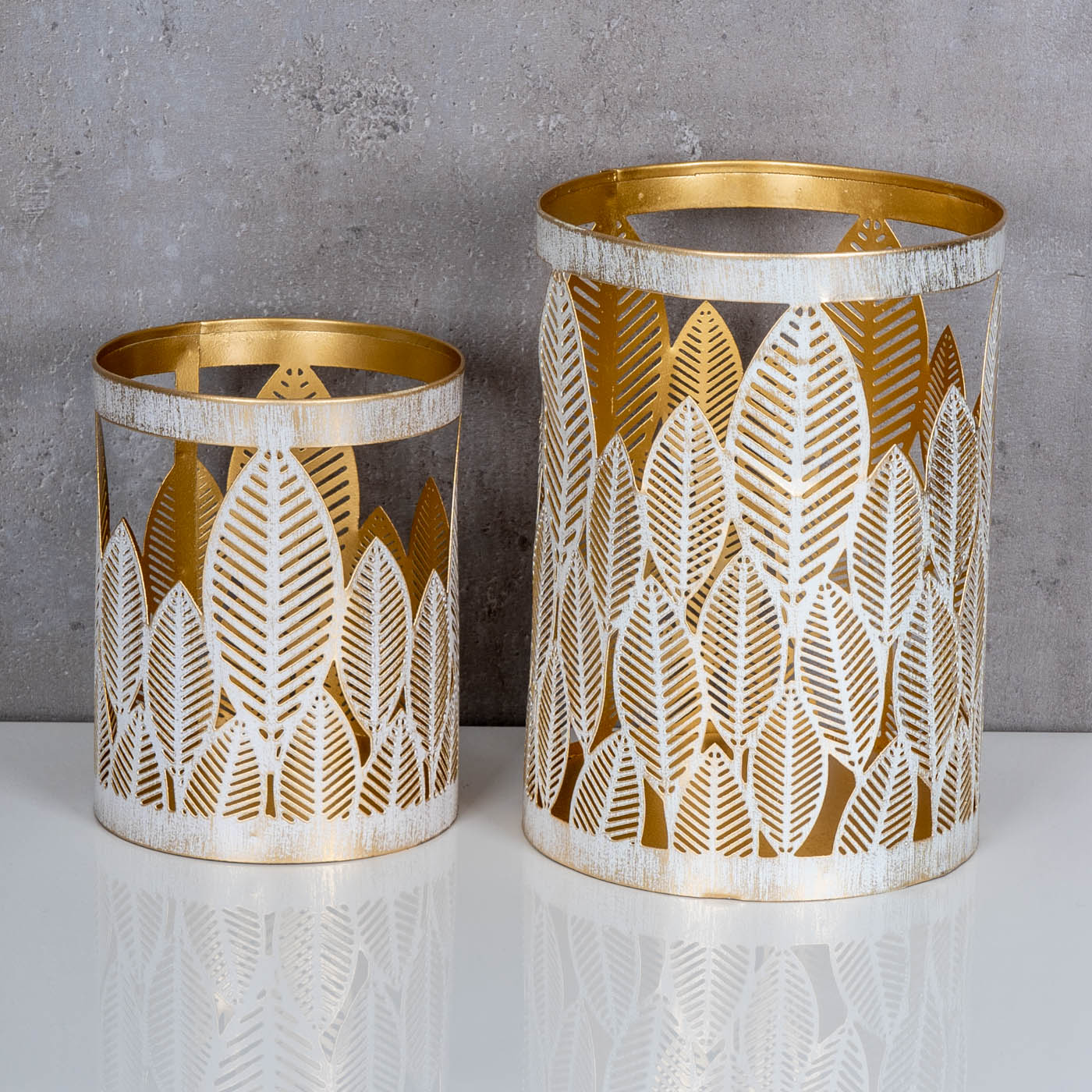 2er Set Windlicht 13x18cm Weiß Gold Metall Teelichthalter Blattdekor Tischdeko