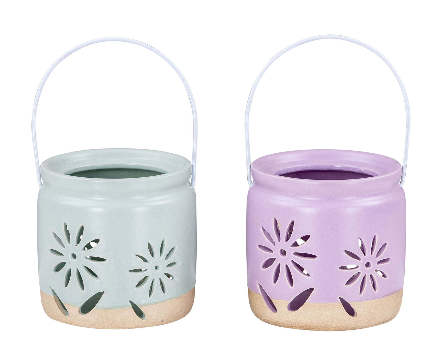 2er Set Windlichter H9cm Lila Grün Porzellan Teelichthalter Blume Frühling Tischdeko
