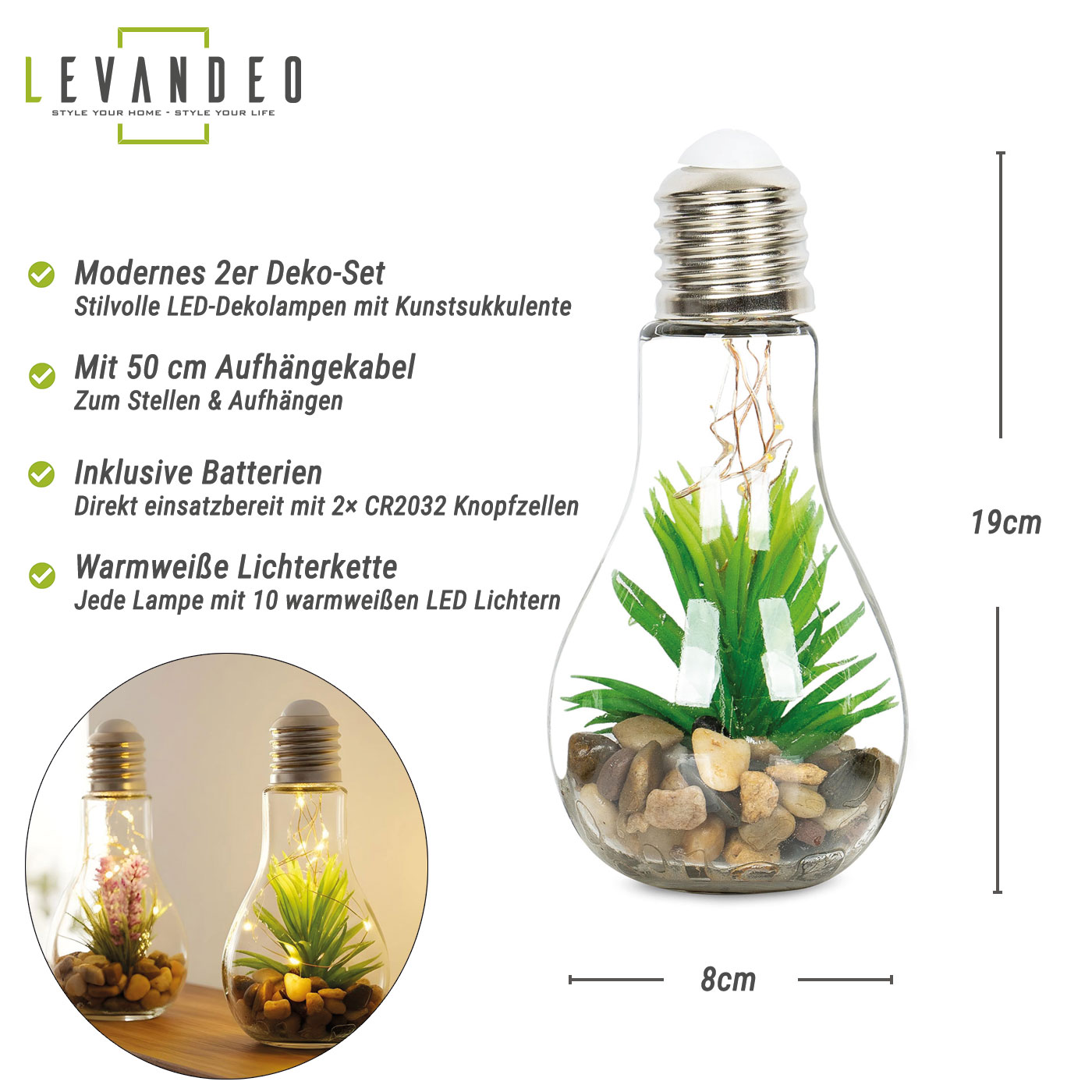 2er Set Sukkulenten Glühbirne Im Glas B x H: 8 x 19 cm LED Warmweiß Pflanze
