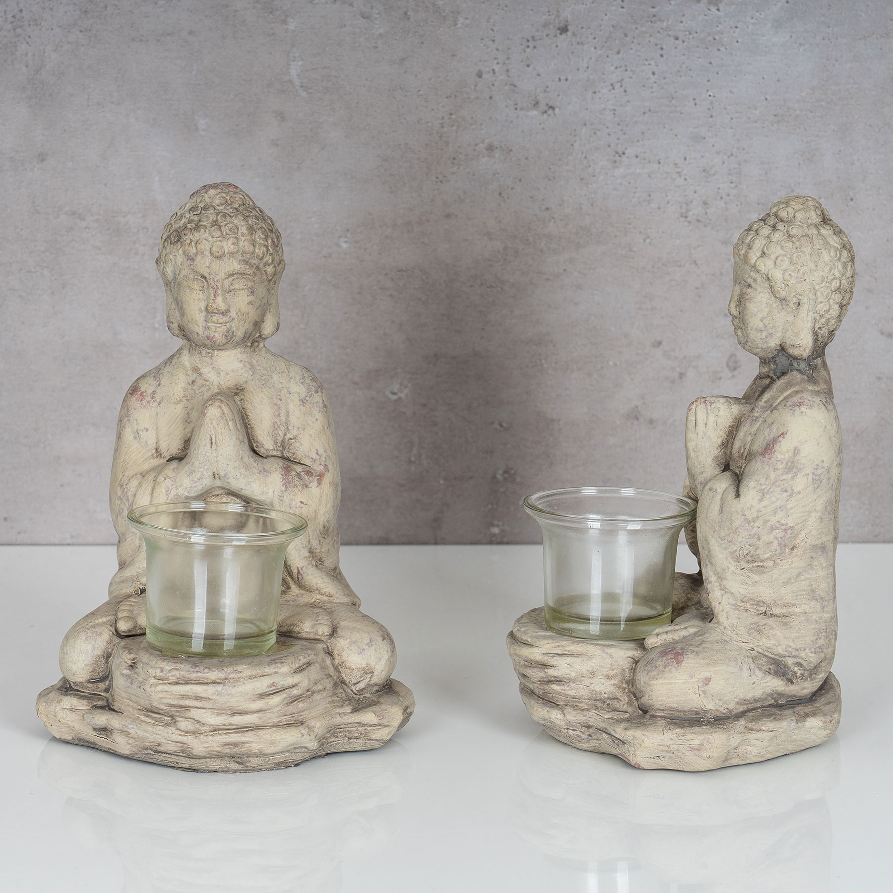 2er Set Teelichthalter Buddha Figur Keramik je 19cm hoch Grau Tischdeko