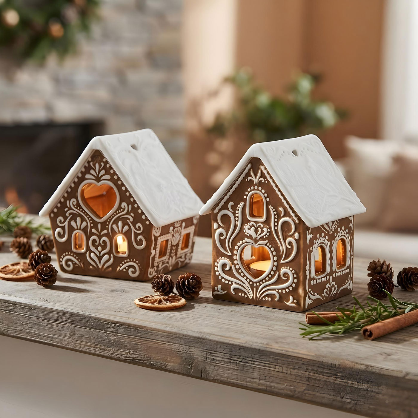 2er Set Teelichthalter Lebkuchen Haus Porzellan Kerzenhalter Weihnachten Deko