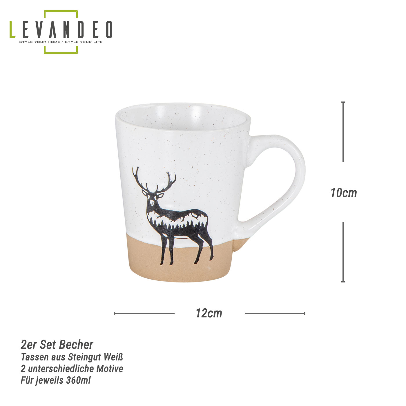 2er Set Steingut Tassen 360ml Hirsch Kaffeetasse Natur Becher Modern Alpen Design