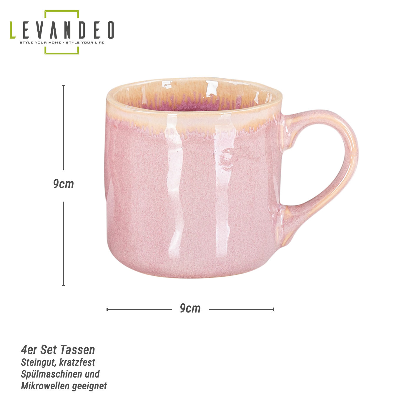 4er Set Steingut Becher 350ml Tasse Rosa Kaffeepott Tasse Modern Design Küche