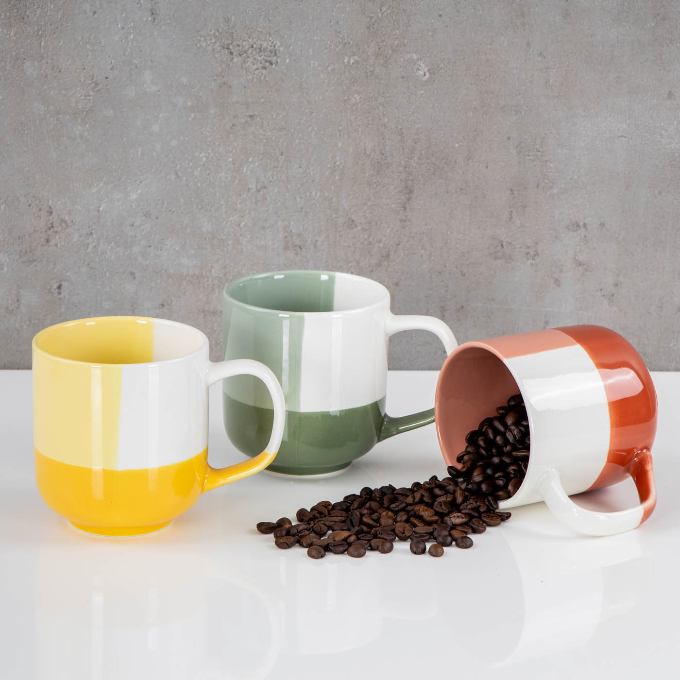 3er Set Bunte Tassen 330ml Porzellan Gelb Grün Rot Kaffeetasse Becher Modern Design