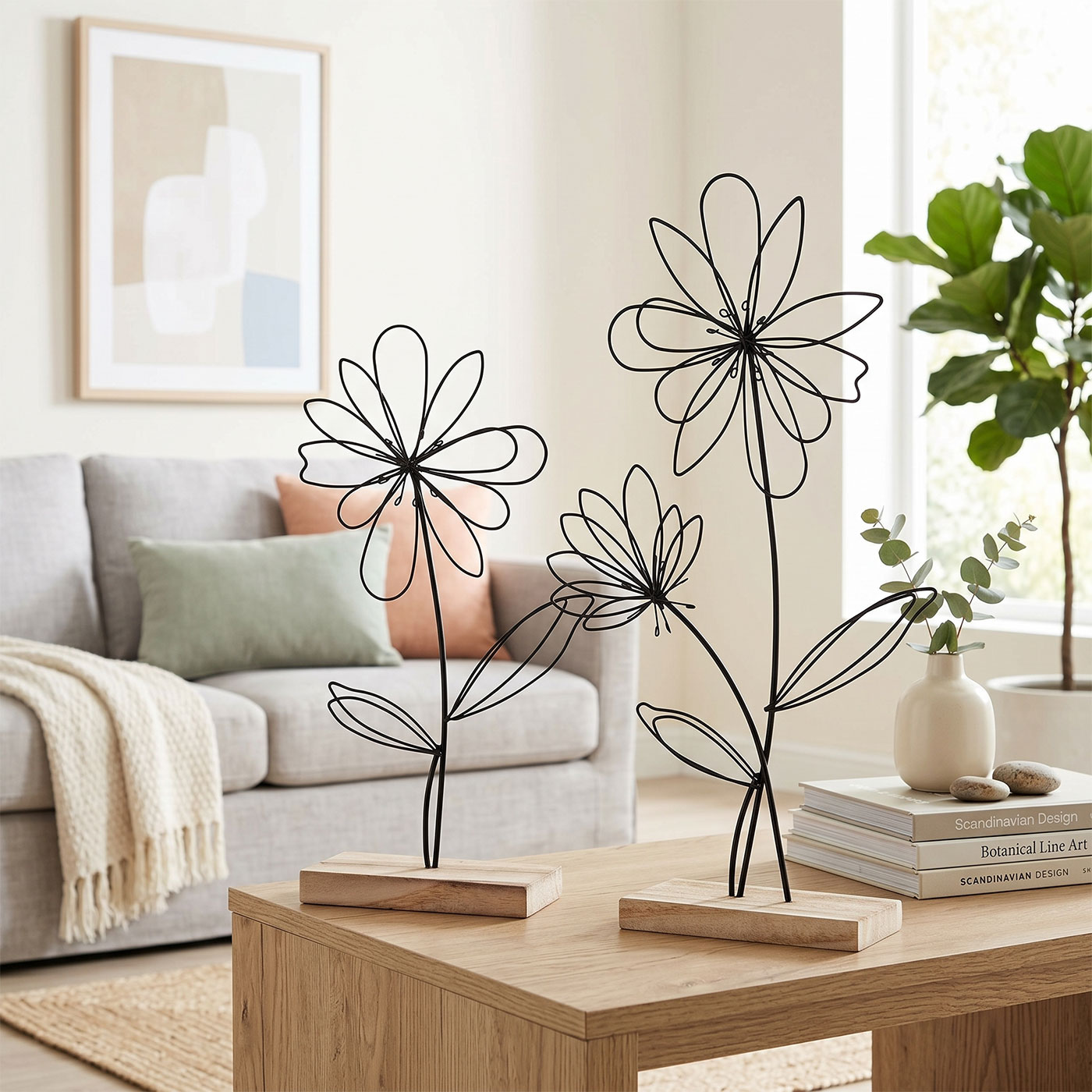 2er Set Deko Aufsteller Draht Blume Metall Holz Schwarz Natur Tischdeko Frühling