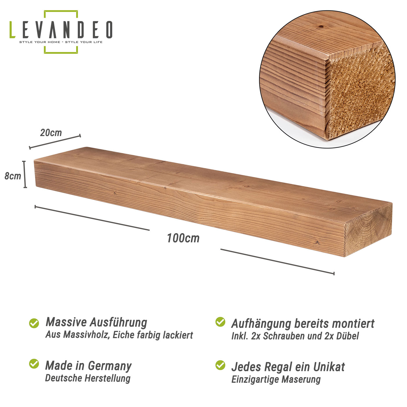 levandeo Wandregal Holz Massiv 100x20cm Eiche Farbig Wandboard Regal Vintage