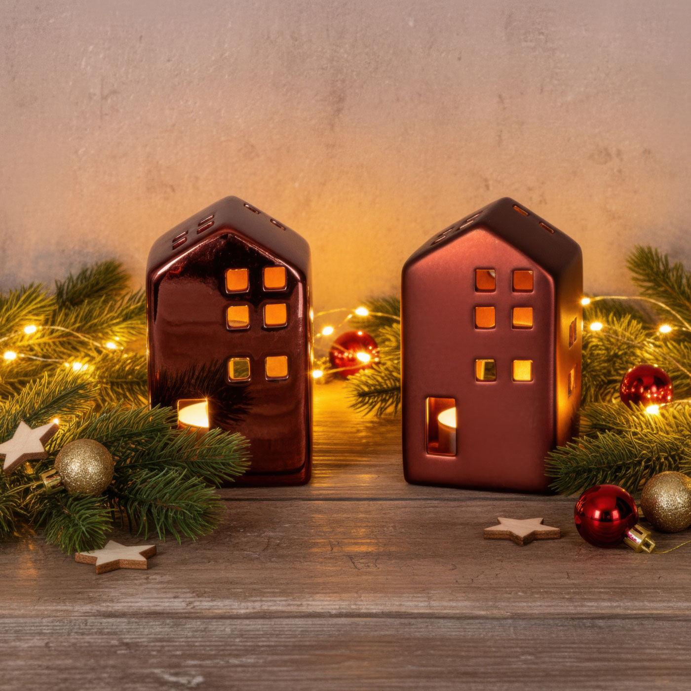 2er Set Teelichthaus Porzellan Bordeaux Rot Tischdeko Weihnachtsdeko Teelichthalter