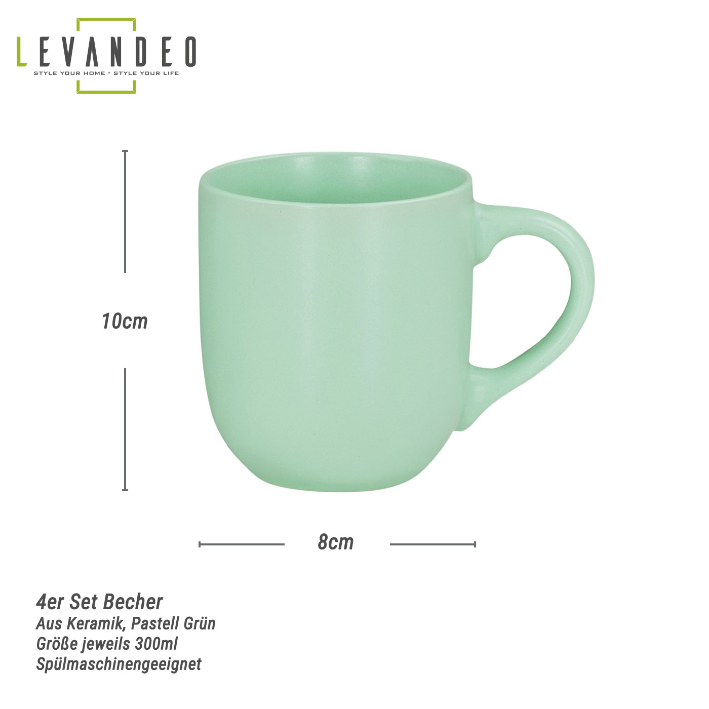 4er Set Steingut Tassen 300ml Pastellgrün Grün Kaffeetasse Kaffeebecher Design