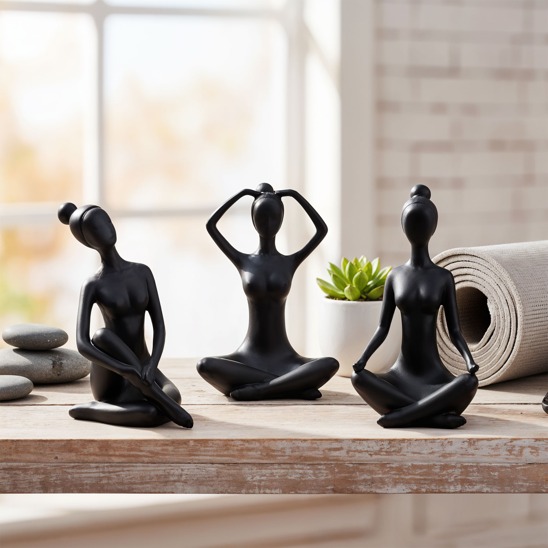 3er Set Yoga Deko Frau Figur Schwarz Dekofigur Yogapose Geschenk Skulptur Deko