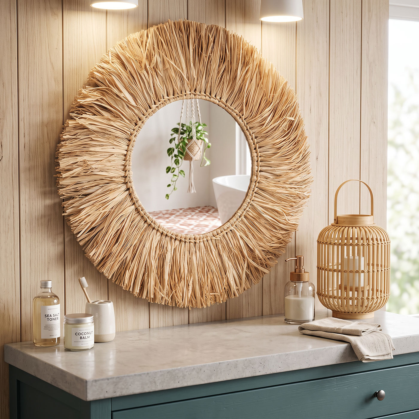Wandspiegel Seegras Ø 50cm Spiegel Rund Flurspiegel Wanddeko Boho Deko Natur