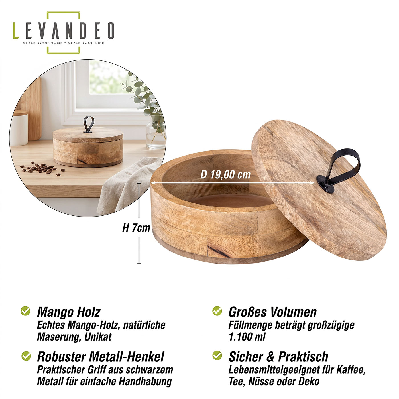 Aufbewahrungsdose Ø19cm Mango Holzdose Deckel Natur Braun Metallgriff Tischdeko