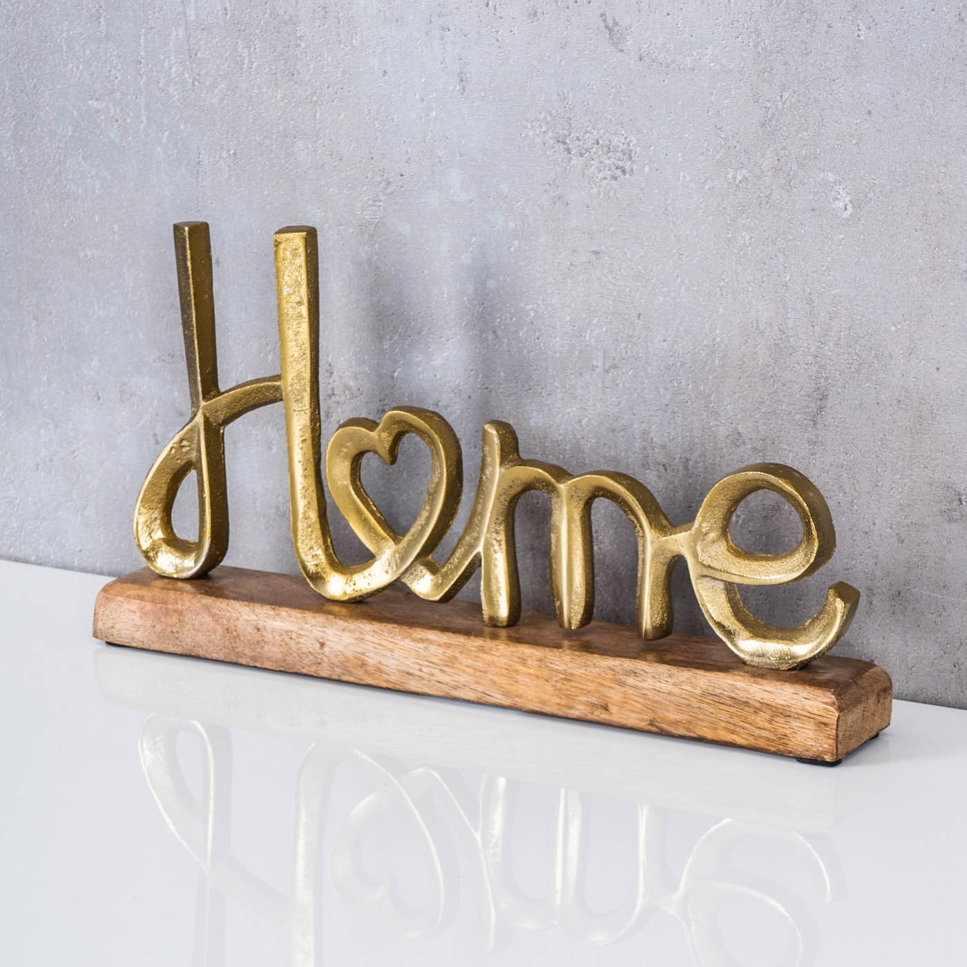 Home Aufsteller Schriftzug H17cm Metall Gold Holz Deko Mangoholz Tischdeko