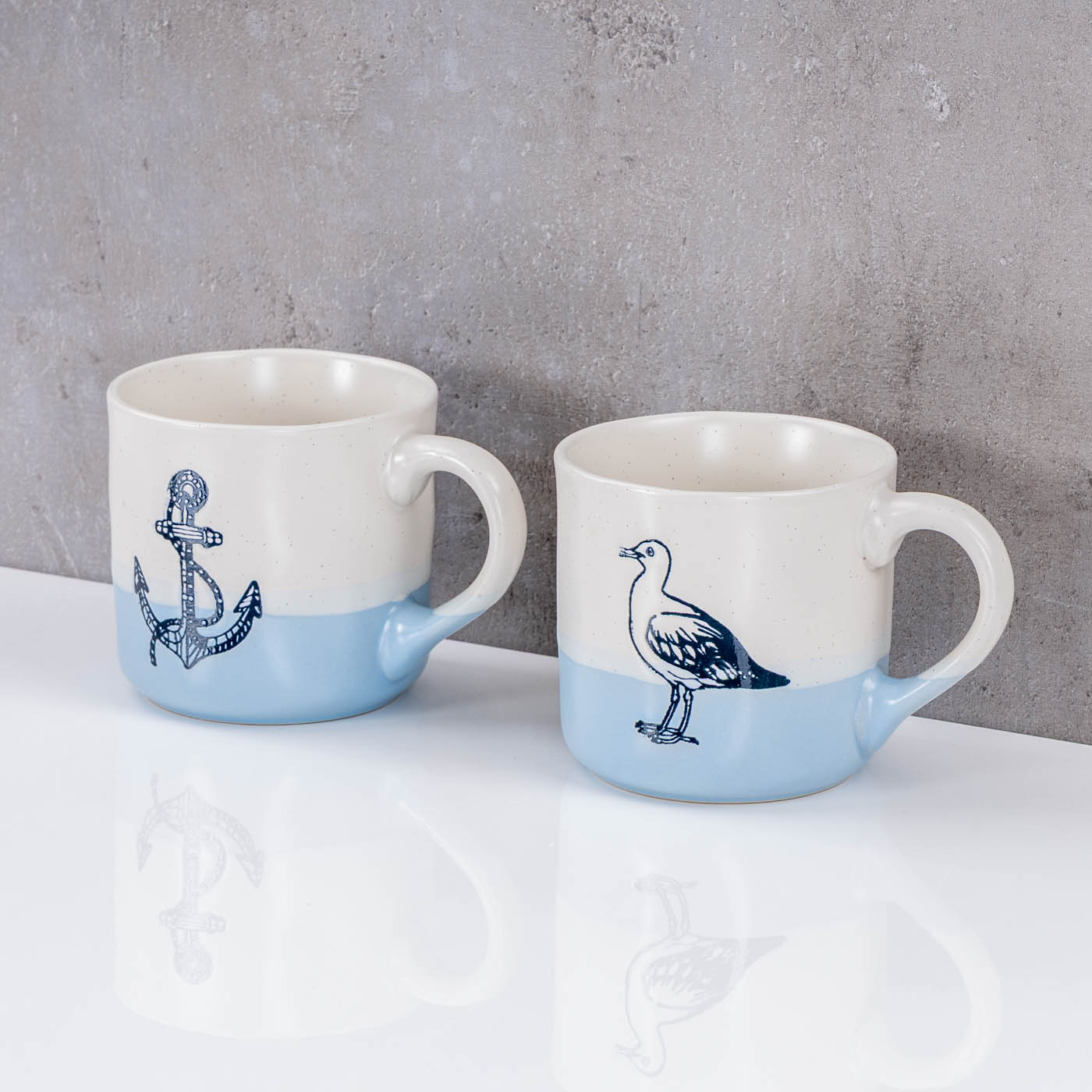 2er Set Tassen Anker Möwe 350ml Steingut Kaffeetasse Becher Blau Maritim Design