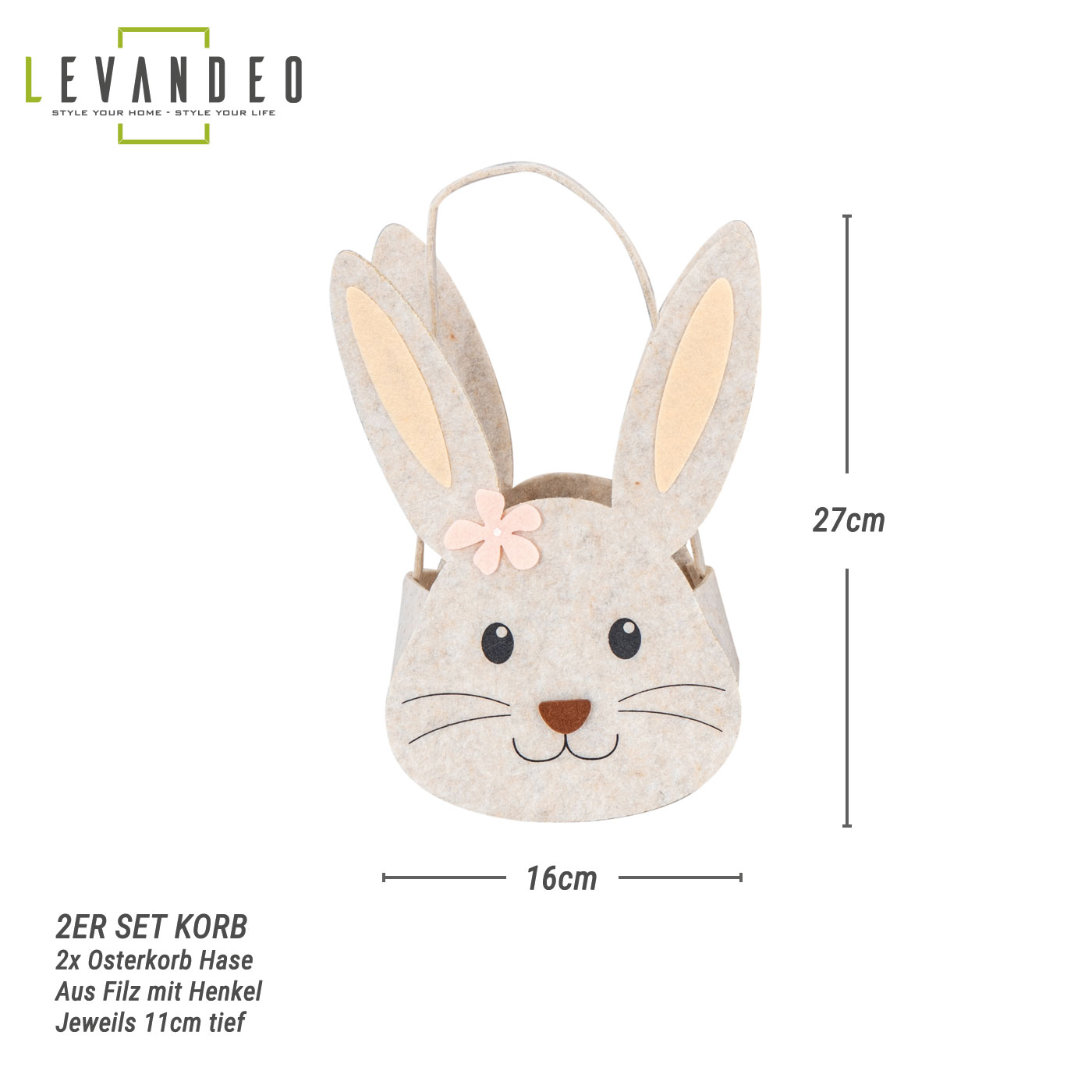 2er Set Hasenkorb Ostern Filz H30cm Grau Osterhase Osterkorb Osternest Körbchen