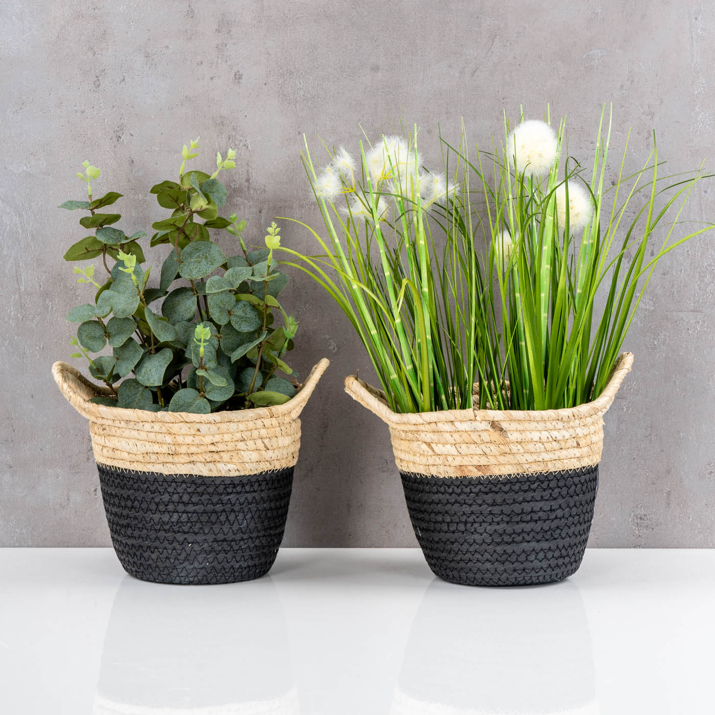 2er Set Korb Rund H15cm Natur Schwarz Pflanzkorb Geflochten Aufbewahrung Boho Deko