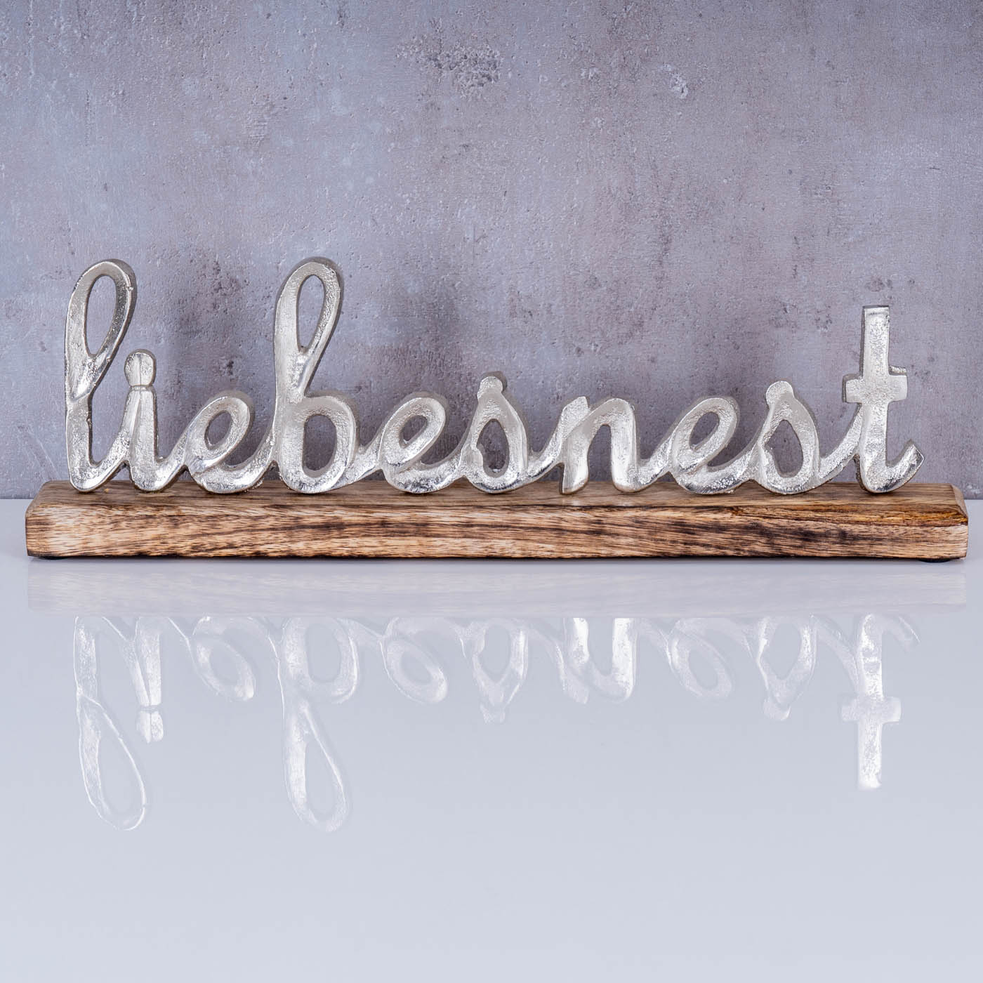 Schriftzug Liebesnest L40cm Metall Silber Mango Holz Tischdeko Deko Aufsteller
