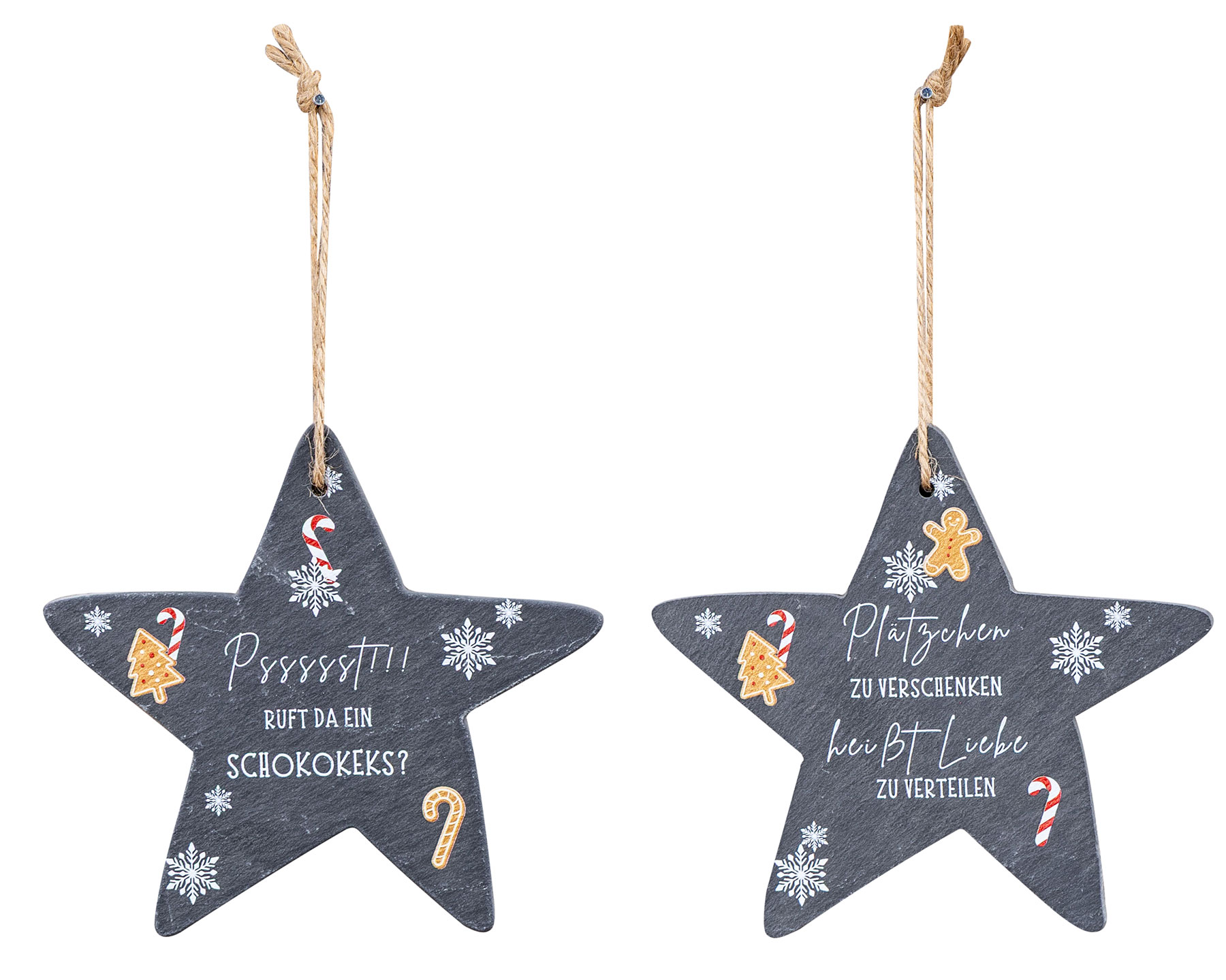 2er Set Deko Stern Anhänger 15cm Schiefer Weihnachten Sprüche Keks Weihnachtsdeko