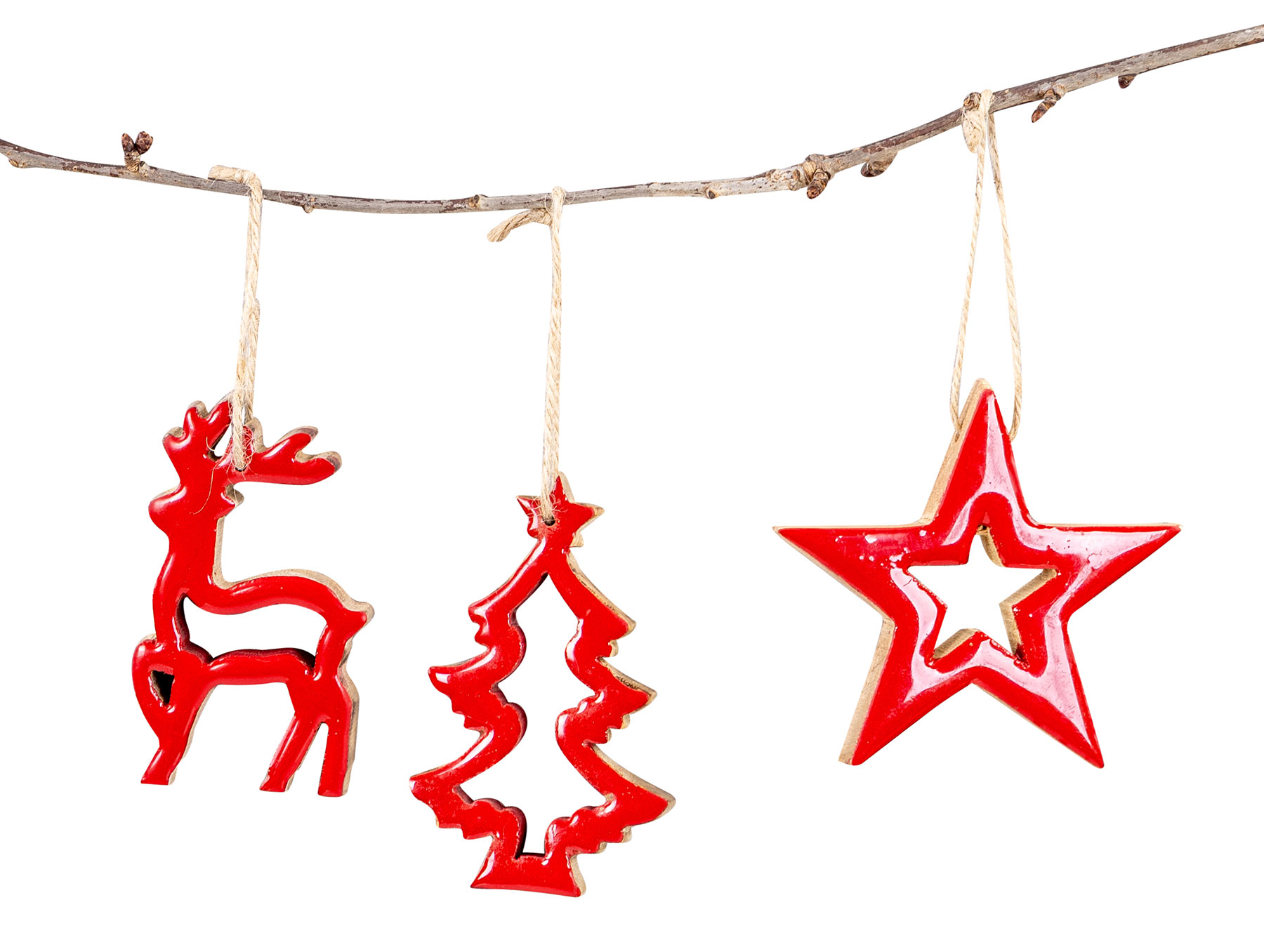 3 Weihnachtsanhänger Holz Natur Rot Baumschmuck Weihnachtsbaum Stern Hirsch Deko