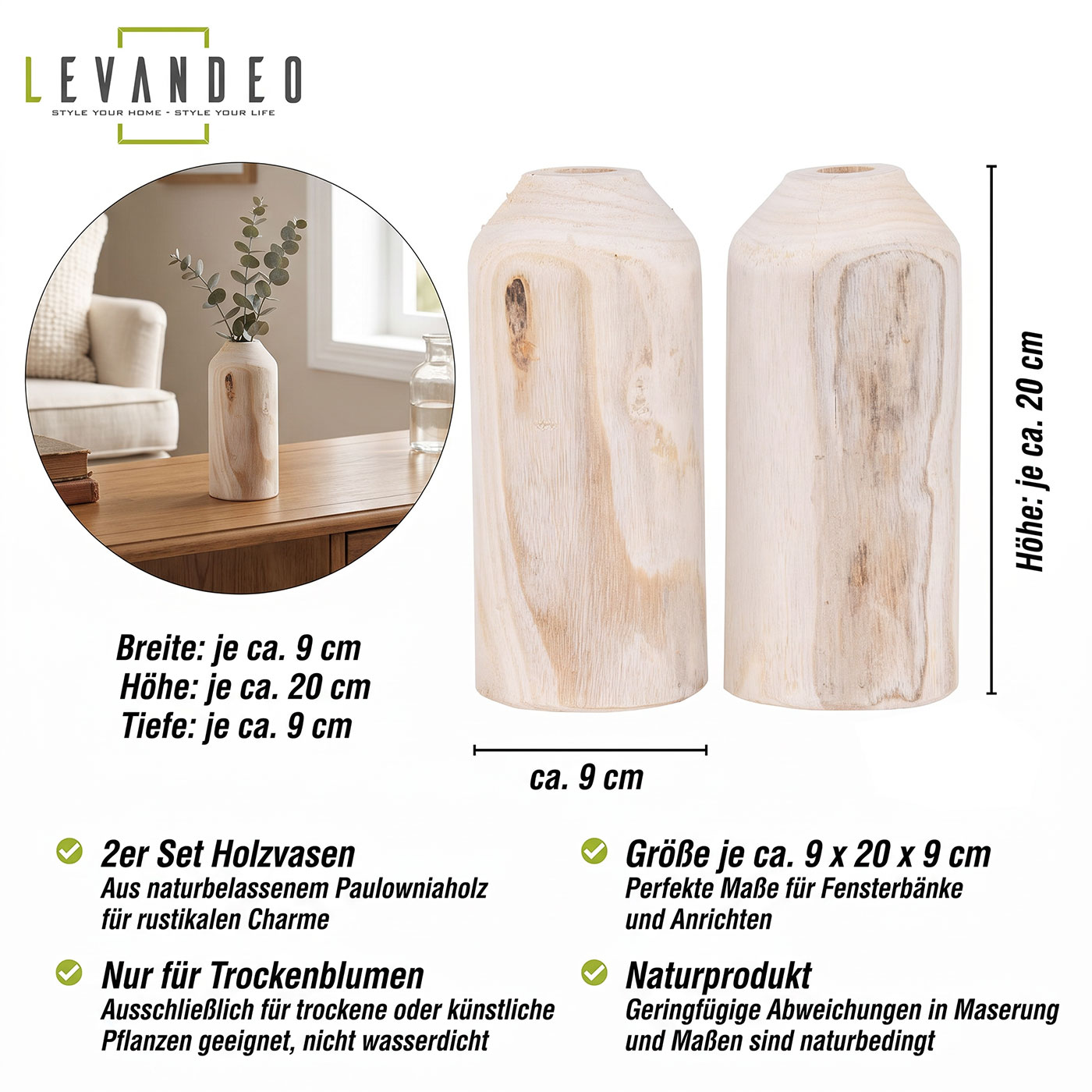 2er Set Vase aus Holz für Trockenblumen H25cm Natur Holzvase Tischdeko Tischvase