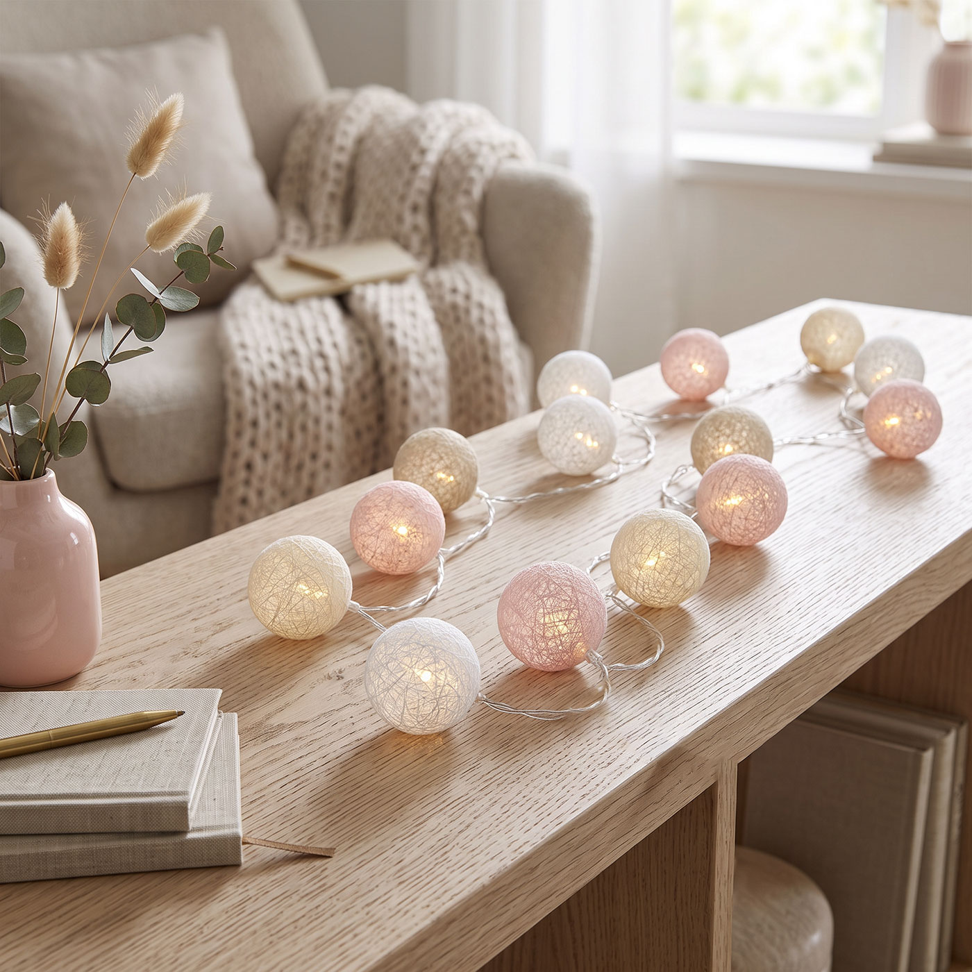 15er Lichterkette Ø4cm LED Kugeln Girlande Lampions Baumwolle Rosa Deko
