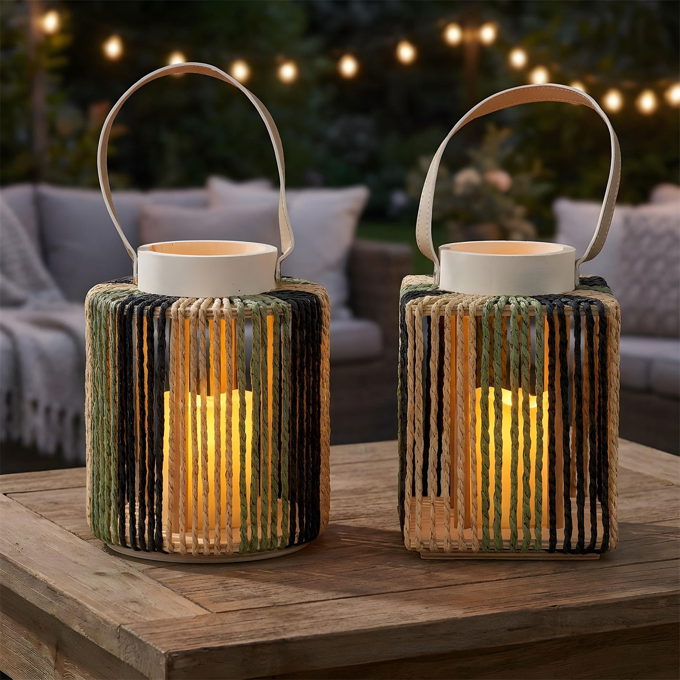 2er Set Laterne LED Kerze H22cm Timer Schwarz Grün Natur Papier MDF Boho Deko