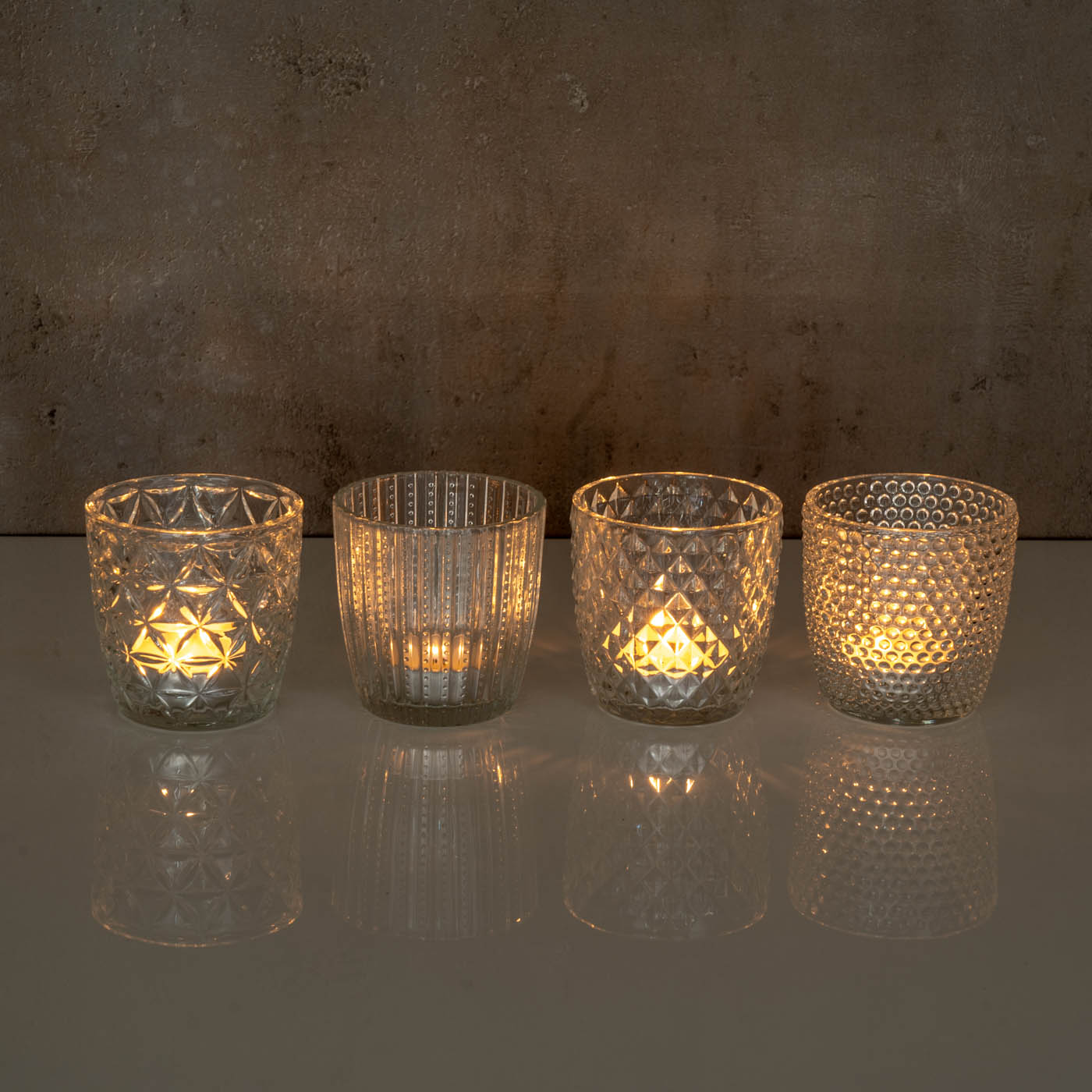 4er Set Windlicht H7,5cm Glas Klar Teelichthalter Tischdeko Kerzen Retro Deko