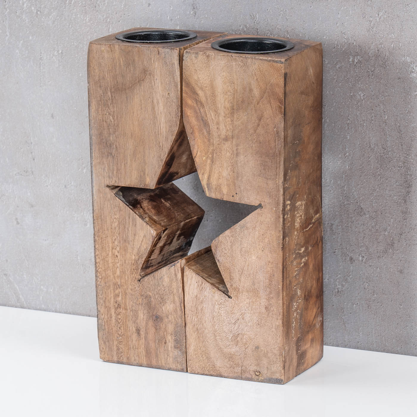 Teelichthalter Stern H20cm Mango-Holz Natur Braun Kerzenhalter Geteilt Tischdeko
