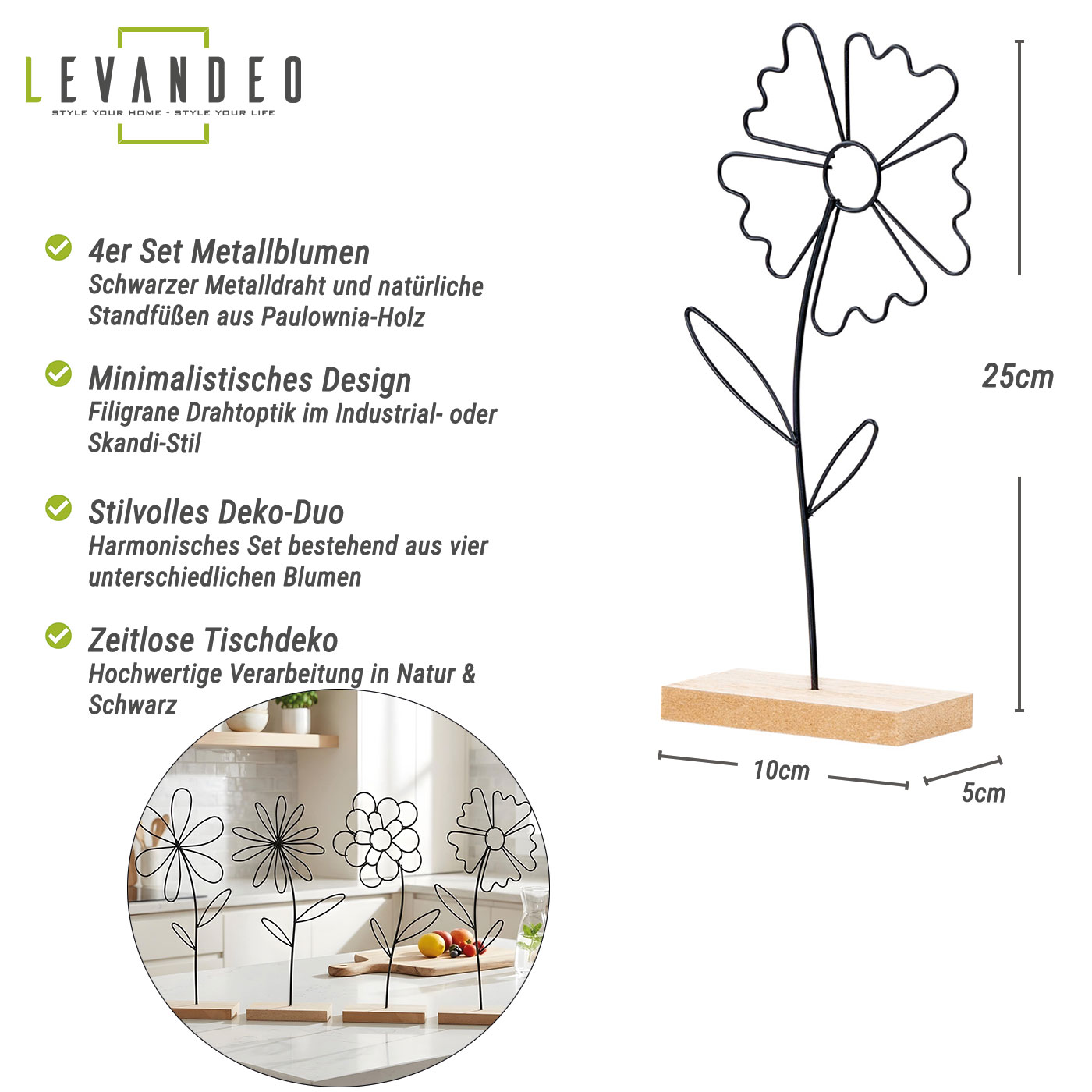 Blumen Deko Aufsteller 4er Set Metall Schwarz MDF Holzsockel Modern Tischdeko