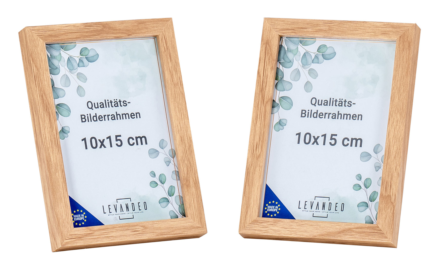 2er Set Portrait Bilderrahmen Made in EU 10x15 Eiche Optik Glasscheibe Fotorahmen
