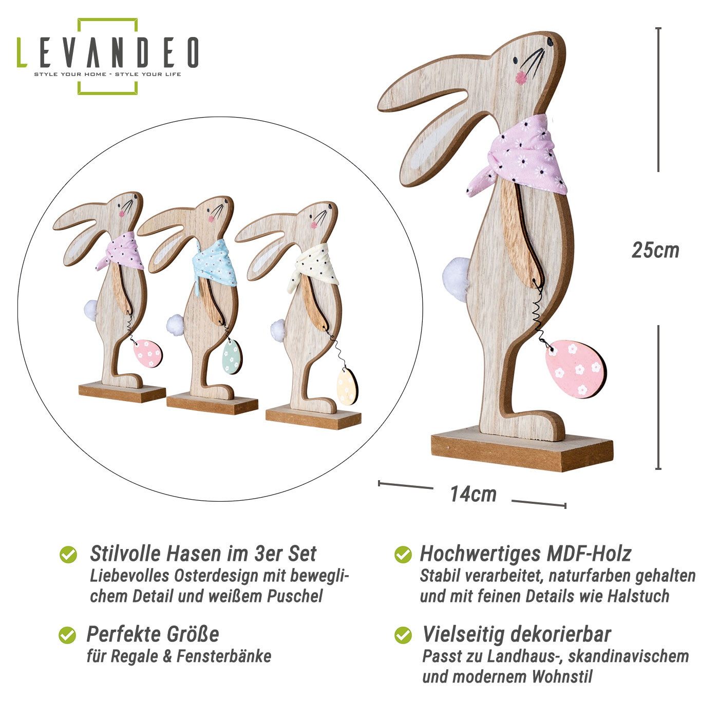 3er Set Deko-Aufsteller H25cm Hase Gelb Rosa Grün Osterhase Ei Tischdeko Ostern
