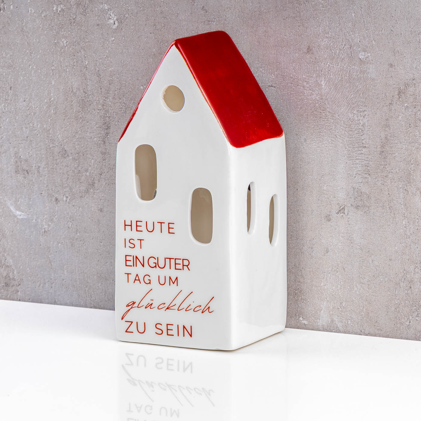 LED Haus Weiß Rot Porzellan Tischdeko Spruch Deko Aufsteller Schriftzug Lichthaus