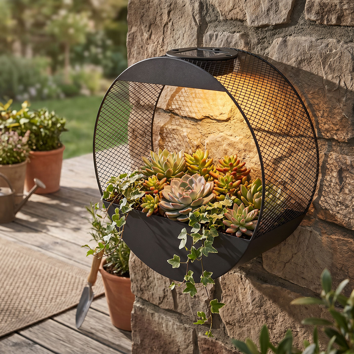 Solar Wandlampe Blumentopf Metall Schwarz - LED Gartenleuchte Industrial Design