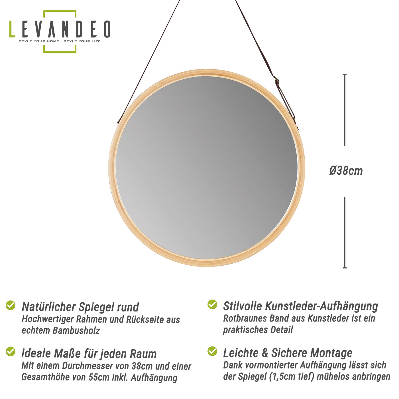 Wandspiegel 38cm Rund Bambus Holz Kunstleder Flurspiegel Wanddeko Deko Spiegel