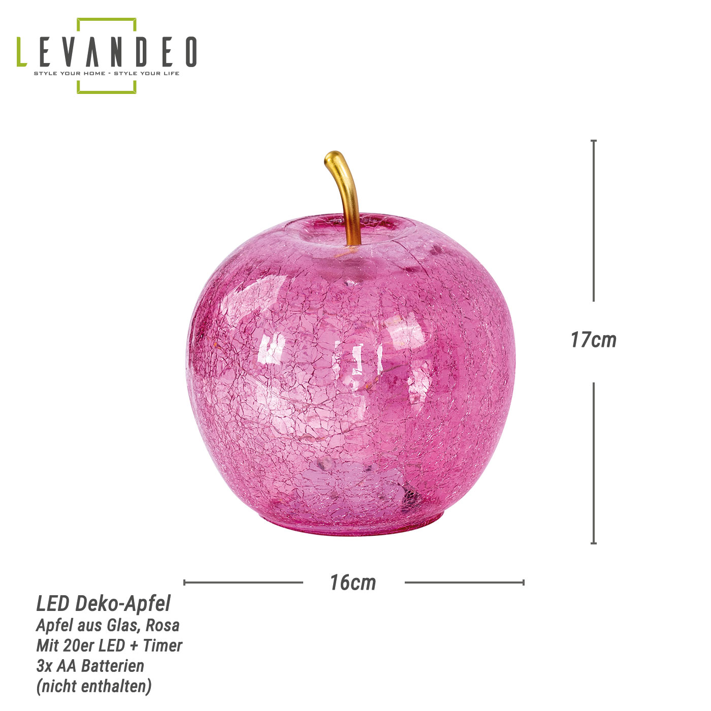 LED Apfel H17cm Rosa Glas Dekolampe Timer Tischlampe Stimmungslicht Dekoleuchte