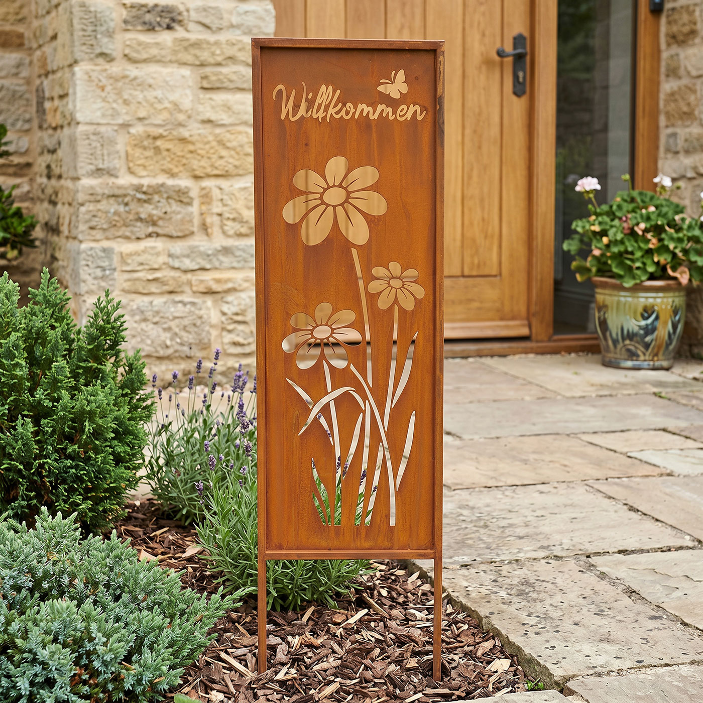 Gartenstecker Willkommen H83cm Stele Rost Rostdeko Braun Garten-Deko Edelrost