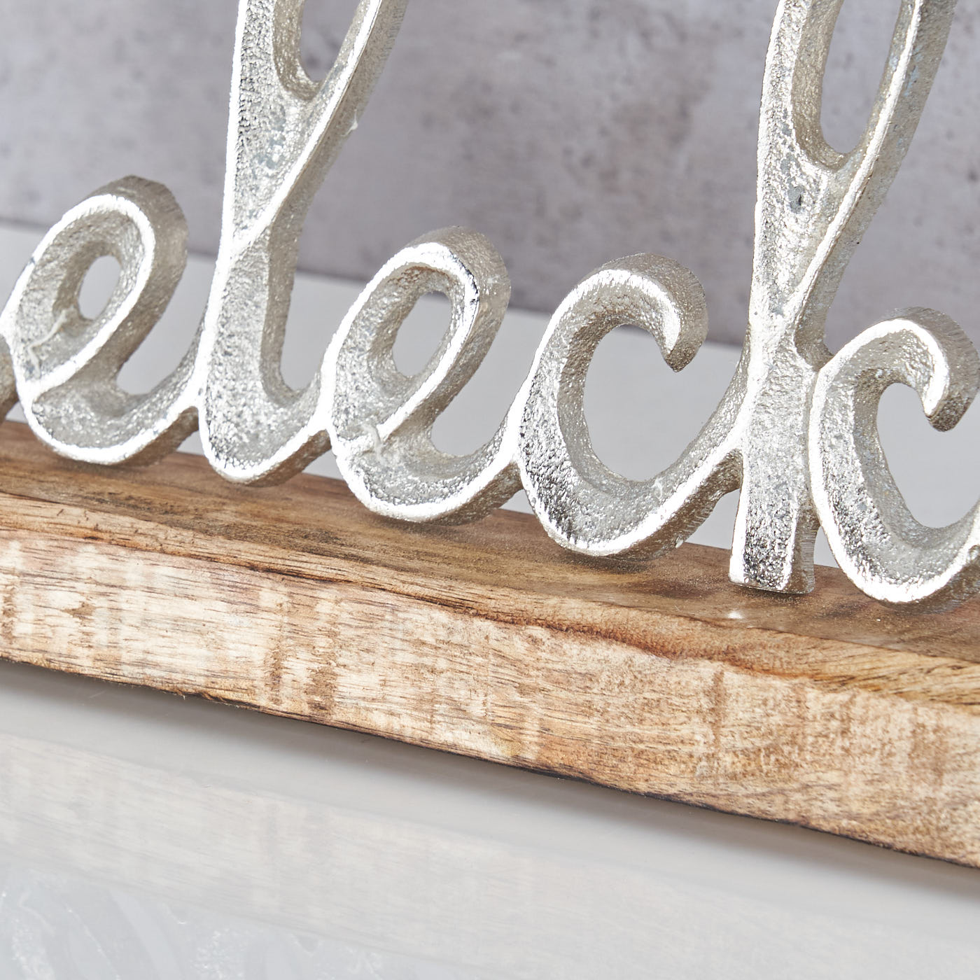 Schriftzug Kuschelecke L40cm Silber Mango Holz Tischdeko Geschenk Aufsteller