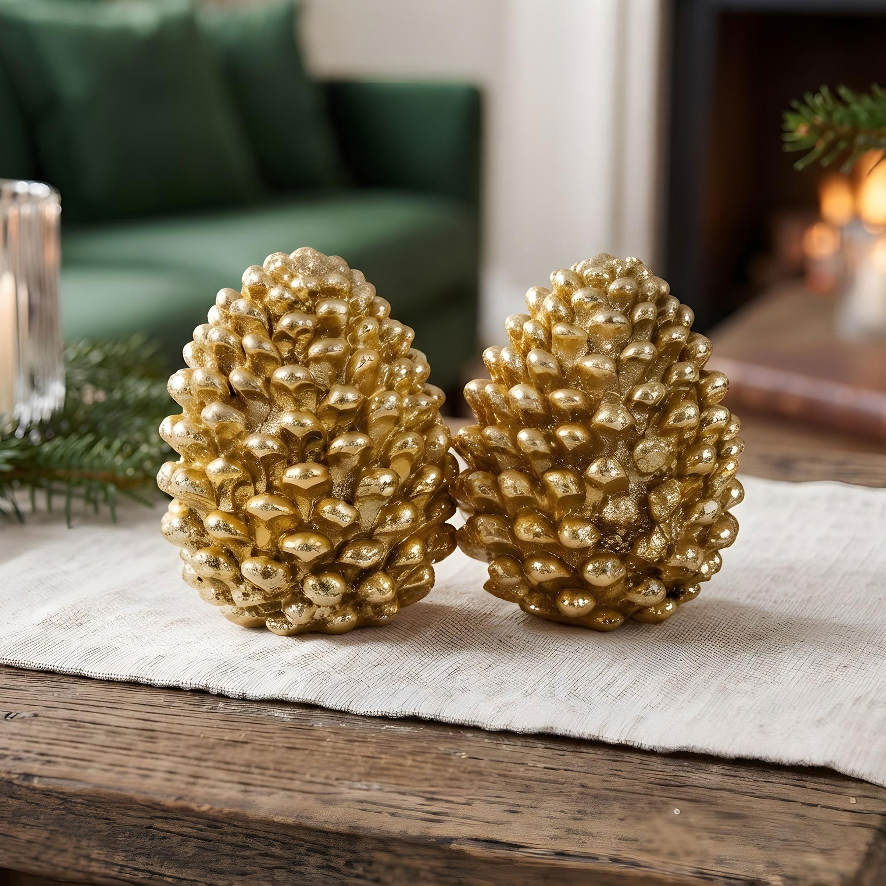 2er Set Deko Tannenzapfen Gold Polyresin Festliche Tischdeko Weihnachtsdeko
