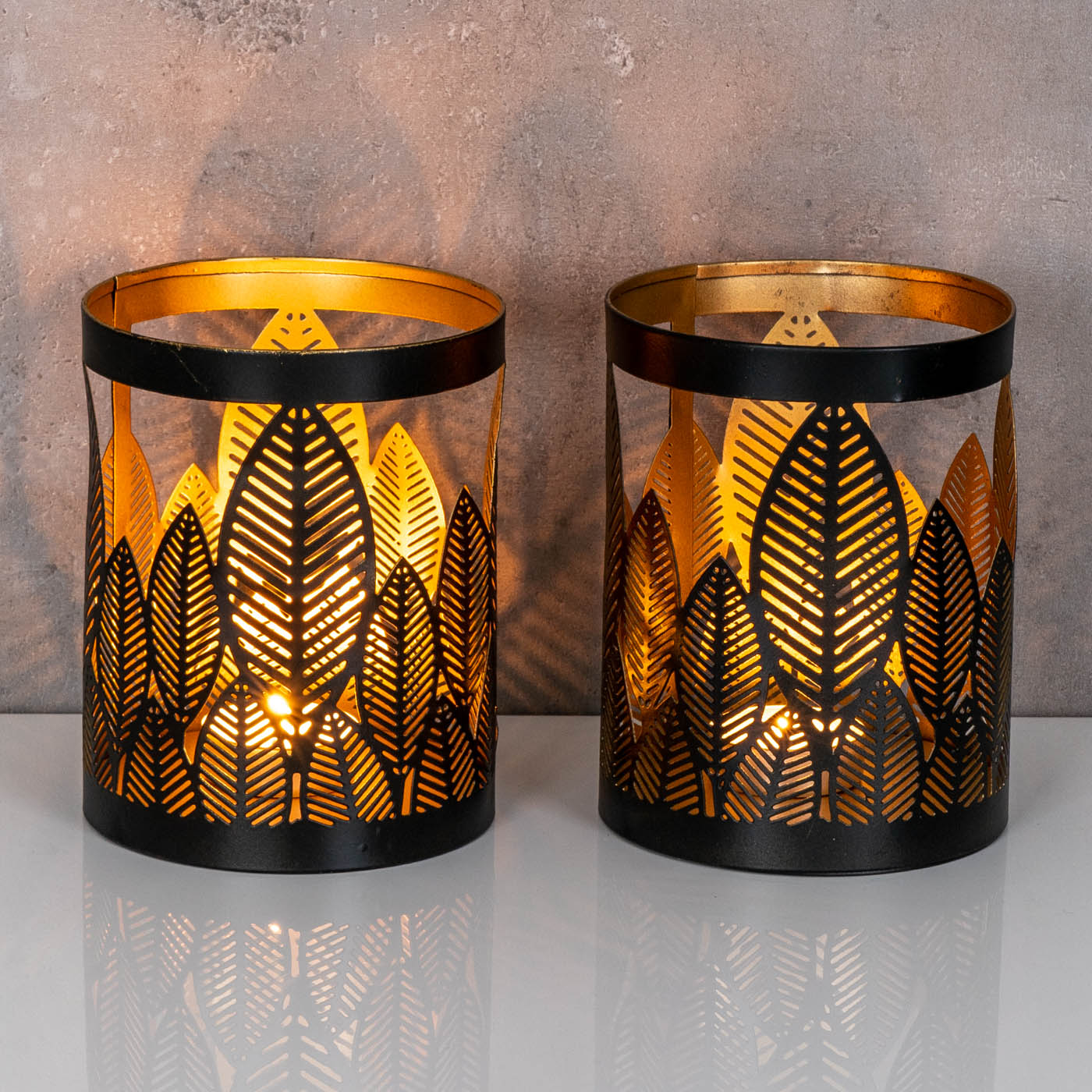2er Set Windlicht 10x13cm Schwarz Gold Metall Teelichthalter Blattdekor Tischdeko