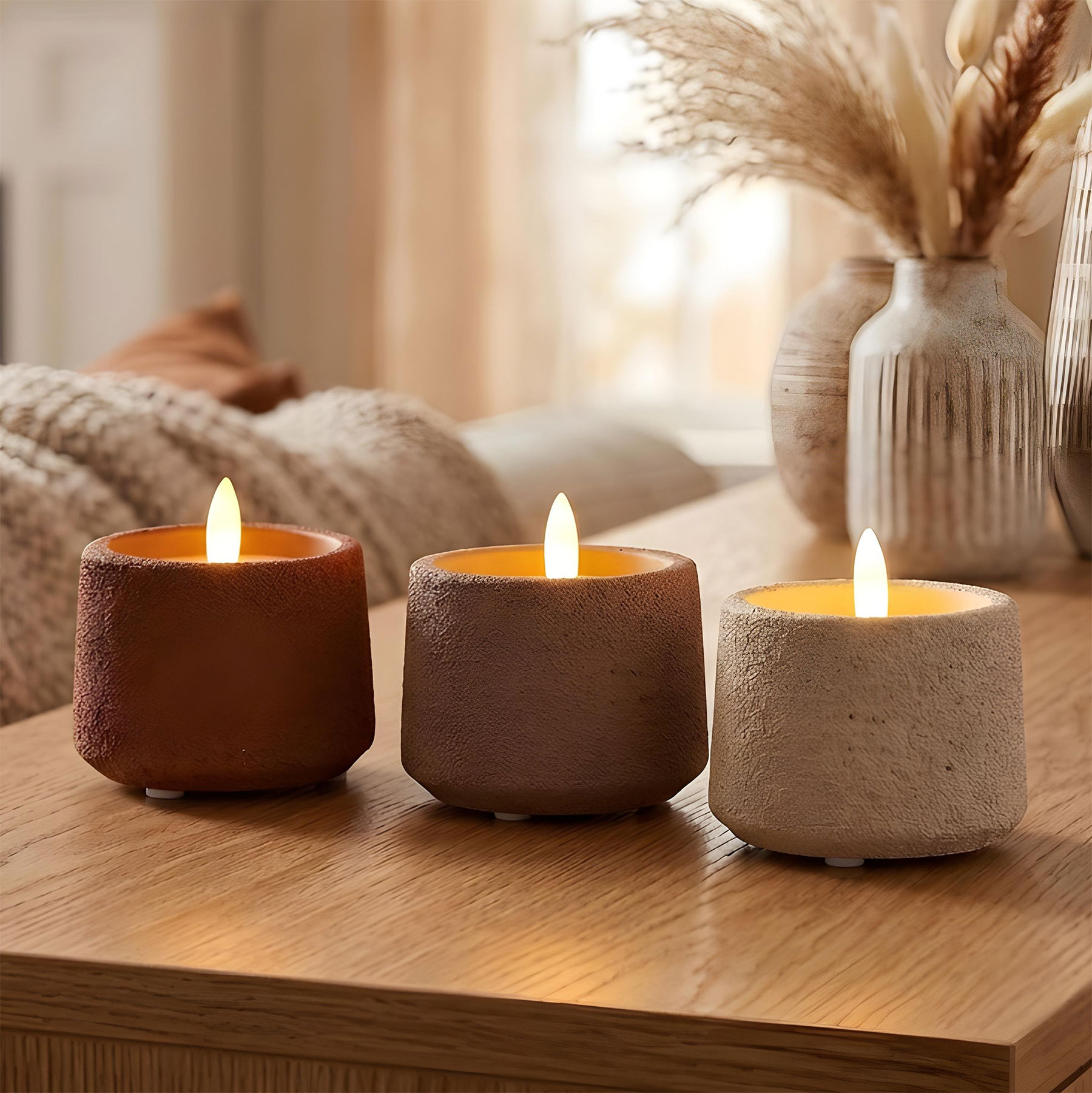 3er Set LED Kerzen mit Timer Echtwachs Beton Braun Beige Tischdeko Boho Stil