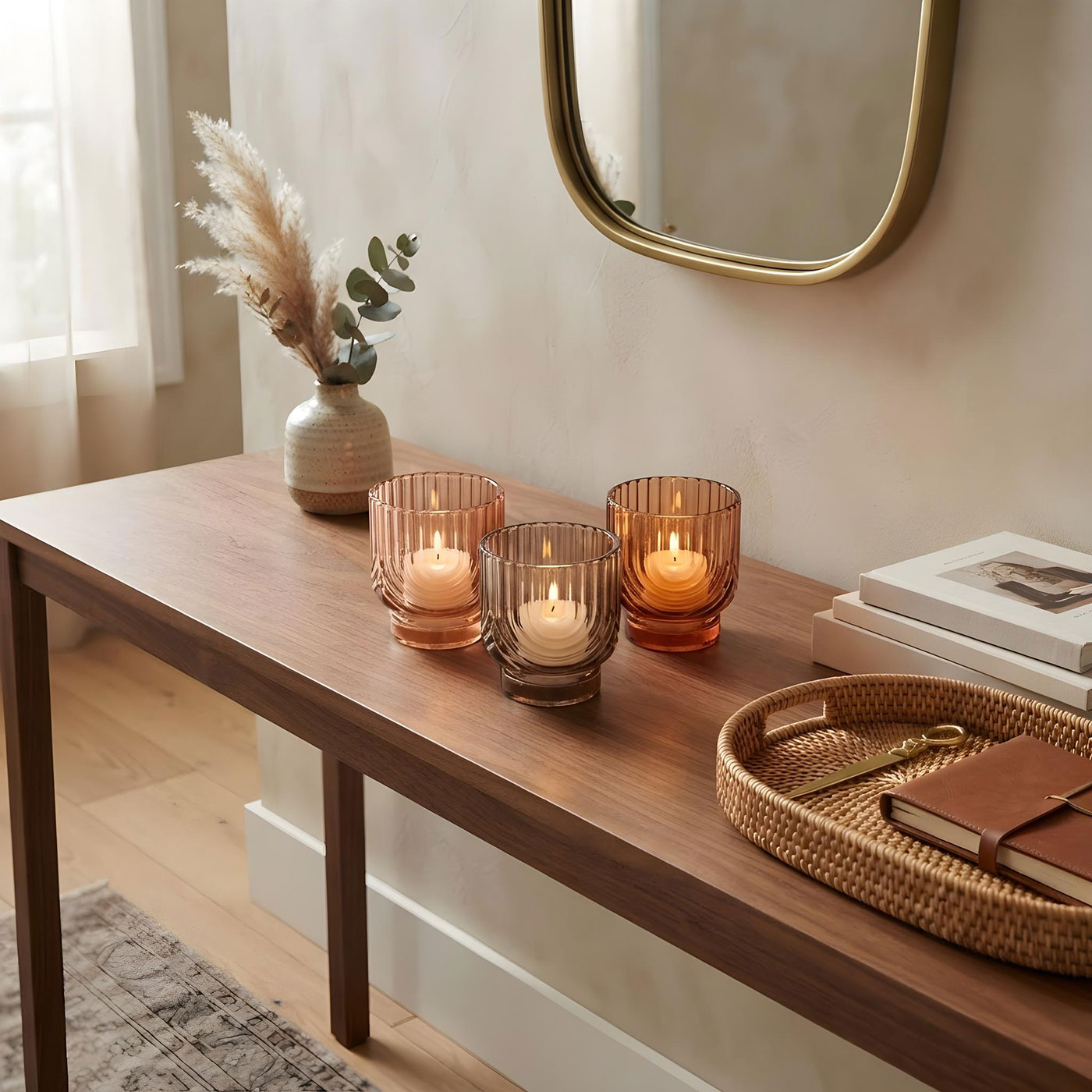 3er Set Kerzenglas Teelichthalter Bernstein Beige Orange Windlichter Herbst Deko