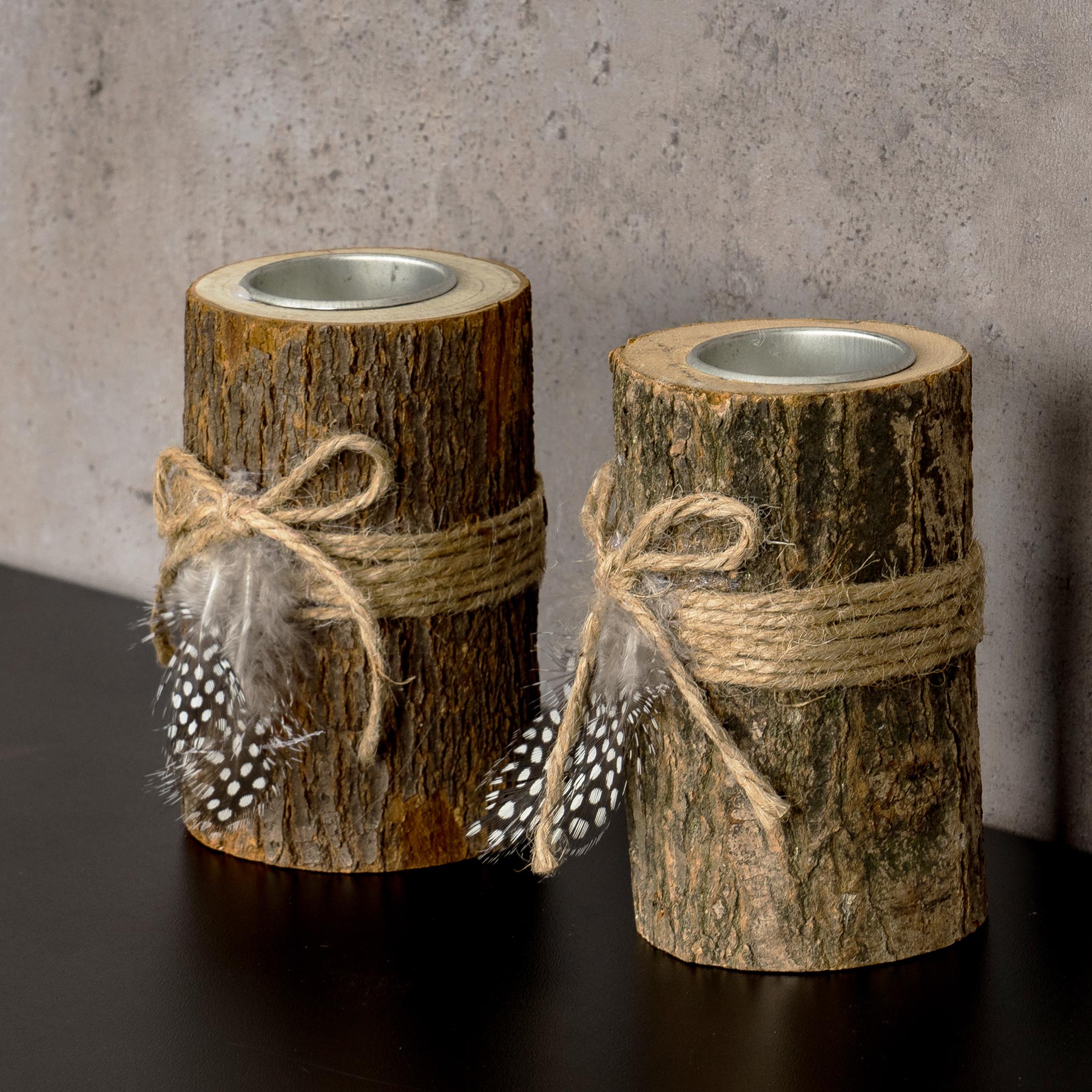 2er Set Teelichthalter Holz je 12cm hoch Kerzenhalter Federn Kerzenständer