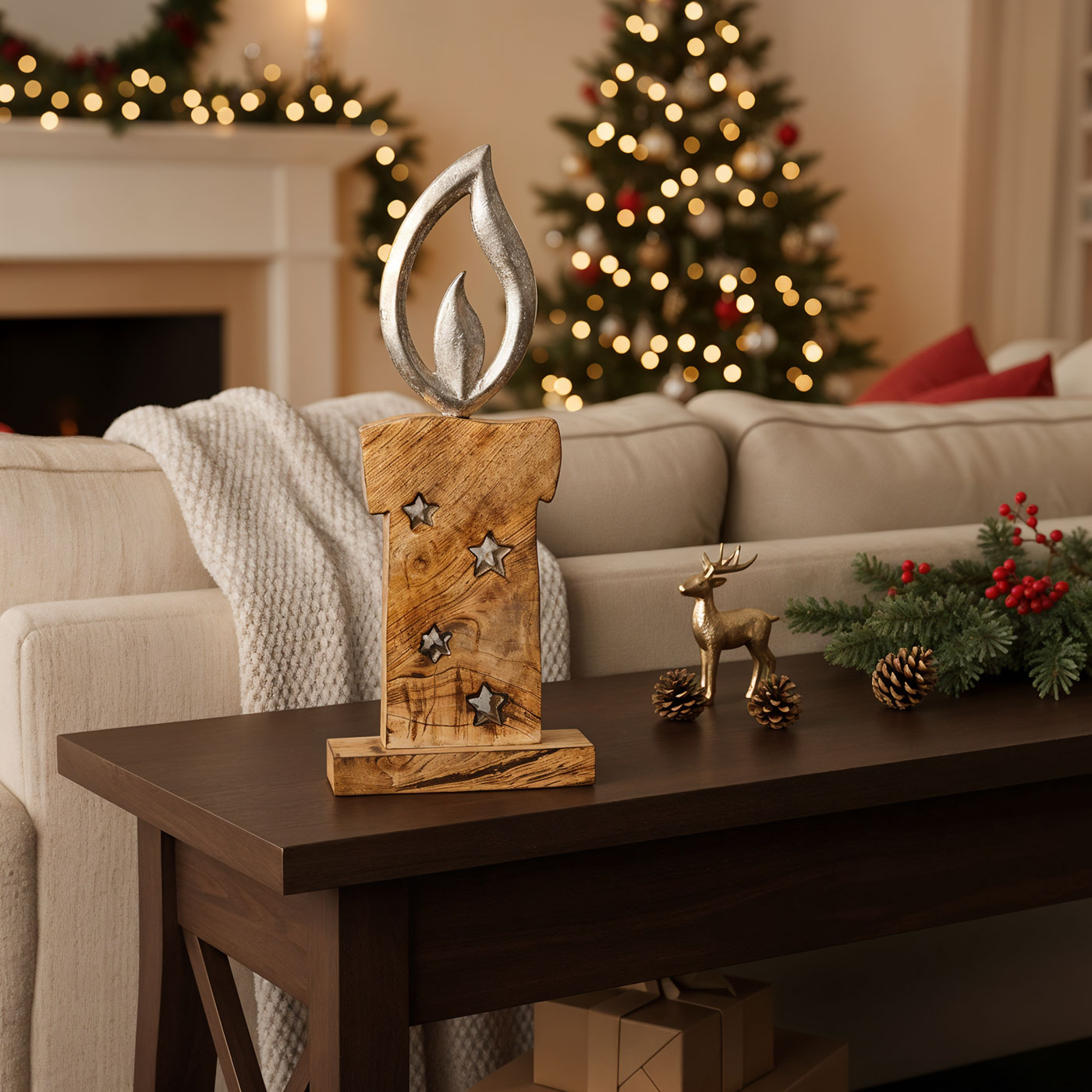 Weihnachtsdeko Kerze Mangoholz H37cm Deko Aufsteller Holz Metall Weihnachten