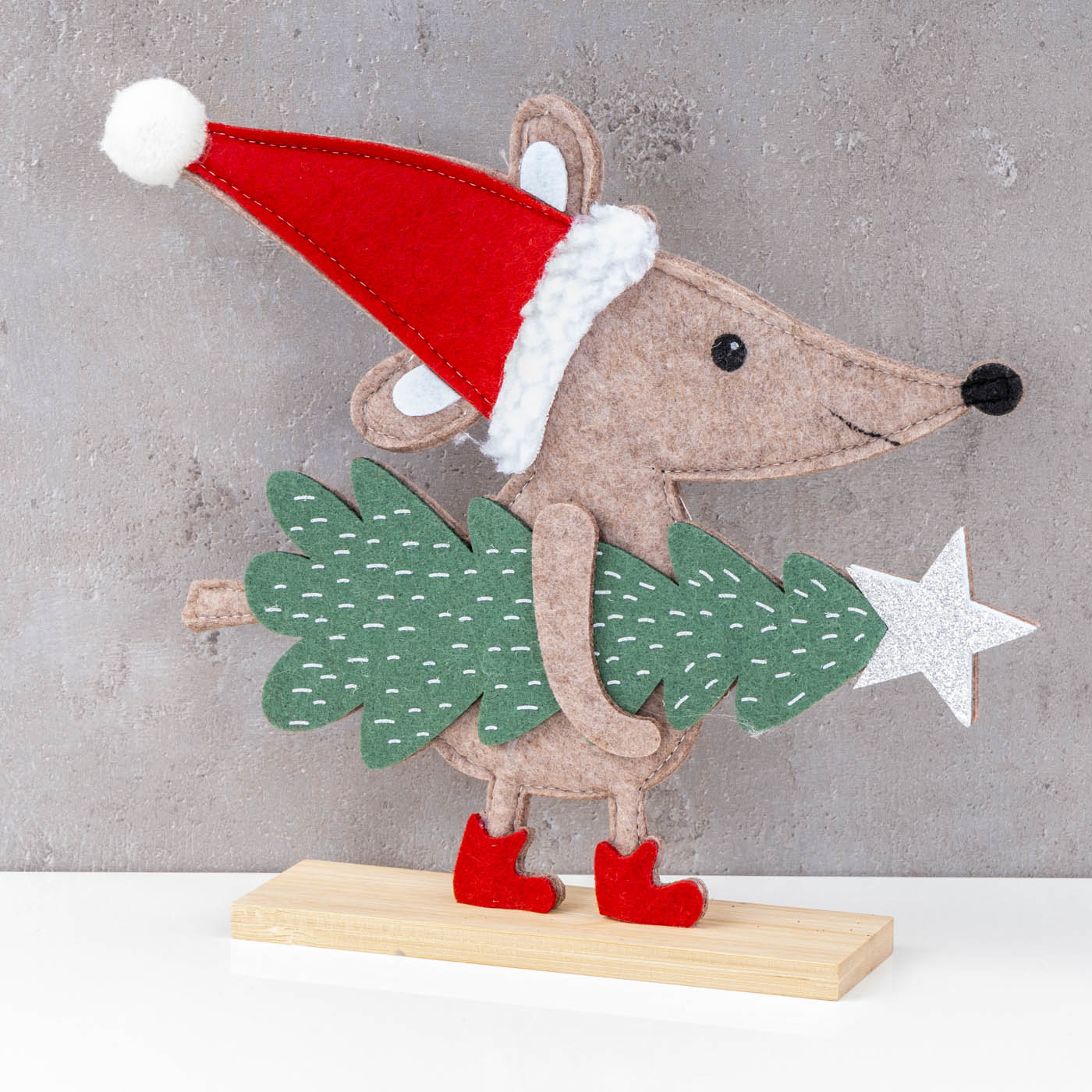 Deko Aufsteller Weihnachtsmaus 25x21cm Filz Bambus Holz Weihnachtsdeko Maus Figur